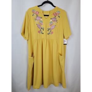 Yellow Floral Babydoll Swing Split Neck Embroidered Dress Size XL